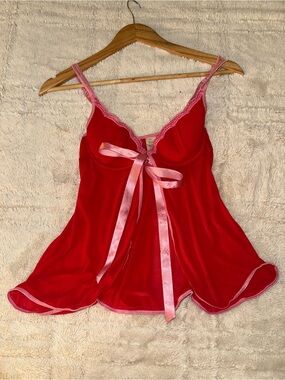 Red Satin & Lace Babydoll top with Pink Trim